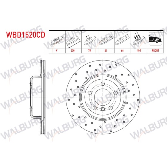 WALBURG Ön Fren Diski - Havali Kaplamali Performans Delikli Bmw 5 Serisi (F10) 520 D 5 Bjn 2010 - Kod WBD1520CD - OEM ürün görseli