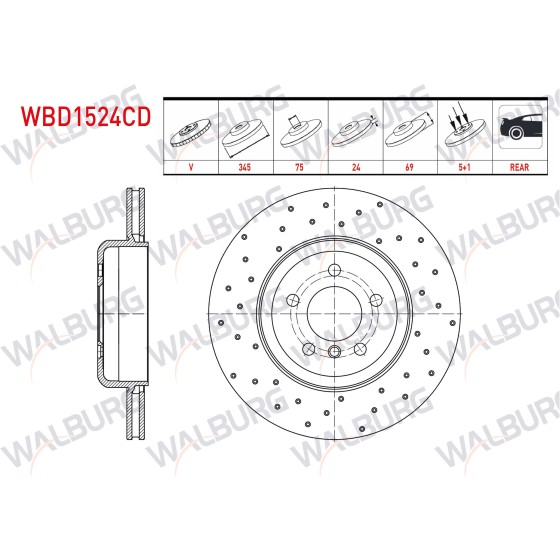 WALBURG Fren Diski - Bmw Fren Diski Arka Havali Kaplamali Performans Delikli 5 Bjn 5 Serisi (F10) 2010 - Kod WBD1524CD - OEM 34216775289 ürün görseli