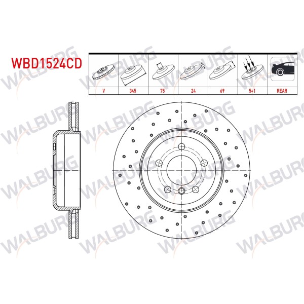 WALBURG Fren Diski - Bmw Fren Diski Arka Havali Kaplamali Performans Delikli 5 Bjn 5 Serisi (F10) 2010 - Kod WBD1524CD - OEM 34216775289