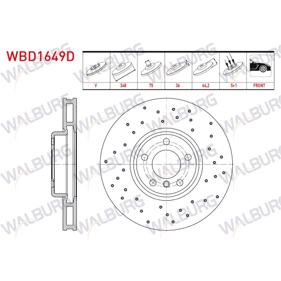 WALBURG Fren Diski - Bmw Fren Diski ON Sol Havali Performans Delikli 5 Bjn, 2 5 Serisi (F10) 2010-2016 / 7 Serisi (F01) 2009-2015 - Kod WBD1649D - OEM 34116785669 ürün görseli