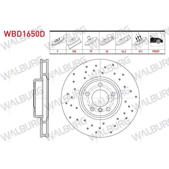 WALBURG Fren Diski - Bmw Fren Diski ON Sag Havali Performans Delikli 5 Bjn, 2 5 Serisi (F10) 2010-2016 / 7 Serisi (F01) 2009-2015 - Kod WBD1650D - OEM 34116785670 ürün görseli