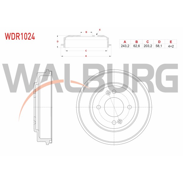 WALBURG Arka Fren Kampanası - 4 Delik 243, 2x62, 6x203, 2x58, 1 Hyundai Getz 1.3i - 1.4i - 1.5 CRDI 2002-2008 - Kod WDR1024