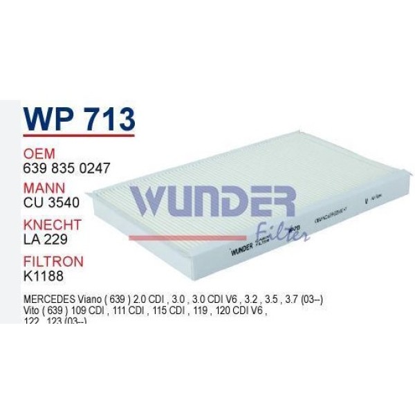 İthal Polen Klima Filtresi 639 Vito 639 03-13 Man-cu 3540 - Kod WP713 - OEM A6398350247
