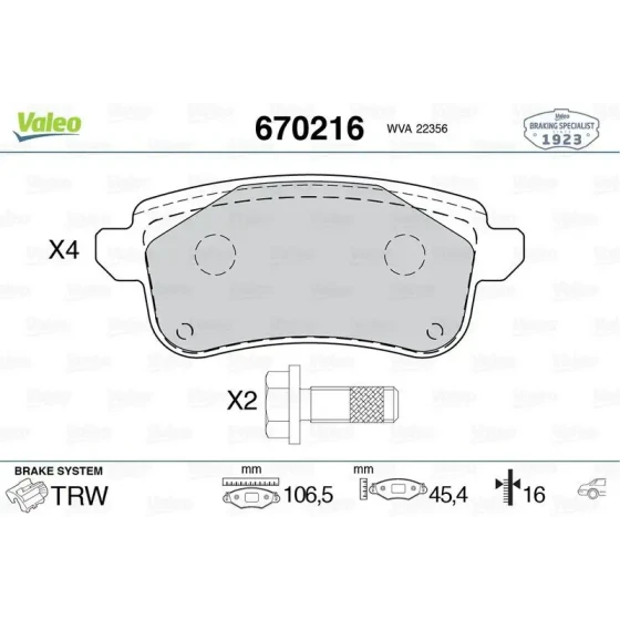 Valeo Arka Fren Balatası – 670216 / OEM 440608235R ürün görseli