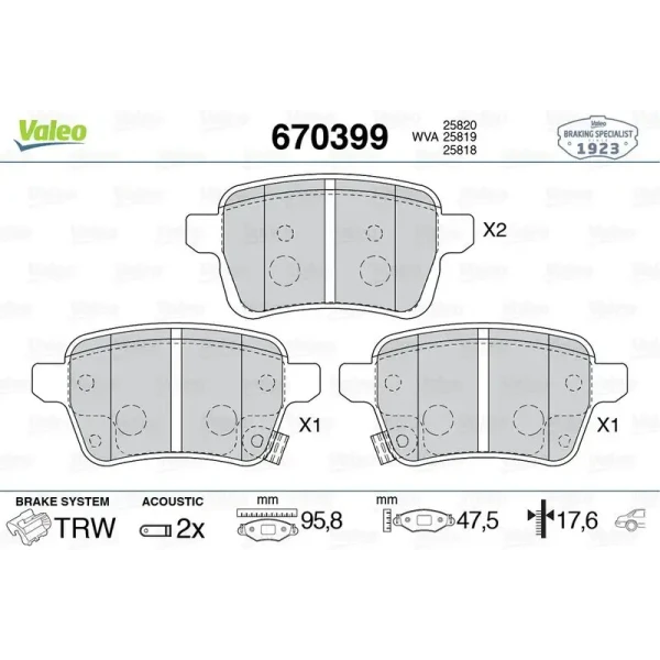 Valeo Arka Fren Balatası – 670399 / OEM 77367914