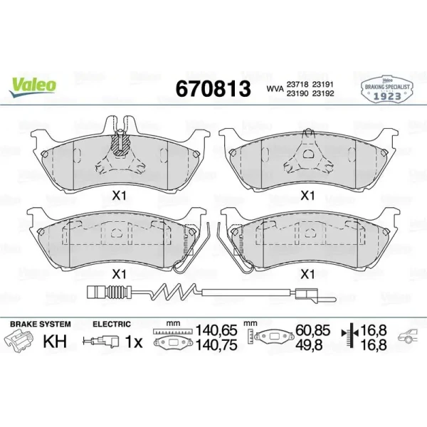Valeo Arka Fren Balatası – 670813 / OEM A1634200520