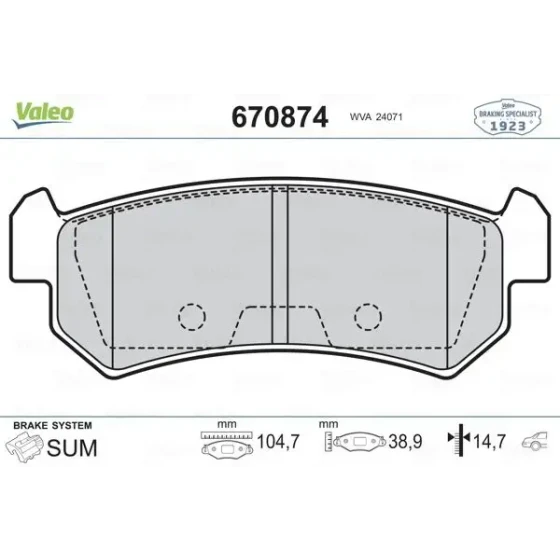 Valeo Arka Fren Balatası – 670874 / OEM 96405131 ürün görseli