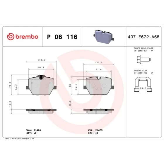 Brembo Arka Fren Balatası – P06116 / OEM 34206888835 ürün görseli