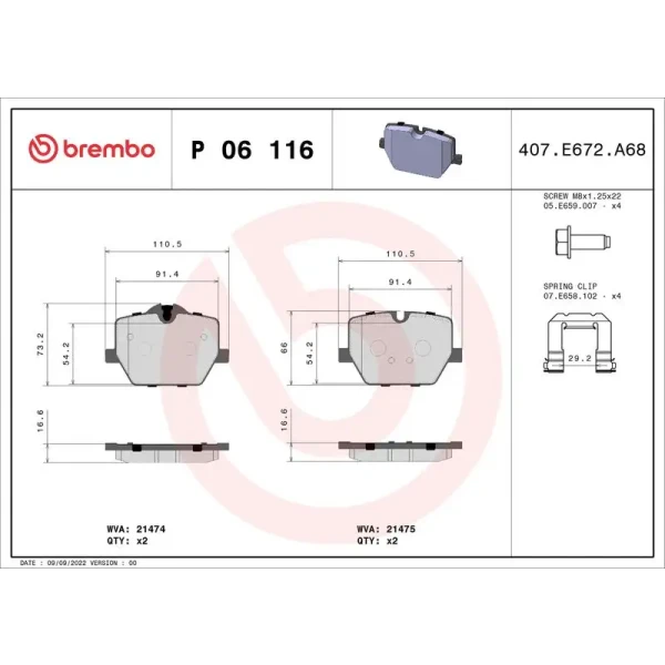 Brembo Arka Fren Balatası – P06116 / OEM 34206888835