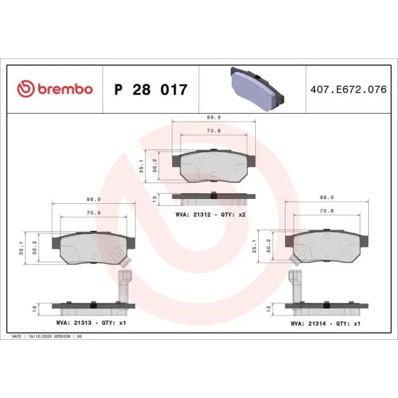 Brembo Arka Fren Balatası – P28017 ürün görseli