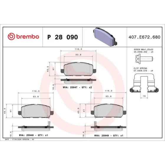 Brembo Arka Fren Balatası – P28090 ürün görseli