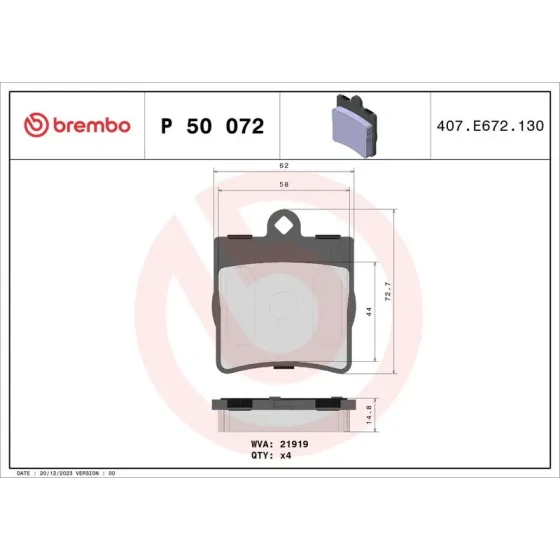 Brembo Arka Fren Balatası – P50072 / OEM A0034202720 ürün görseli