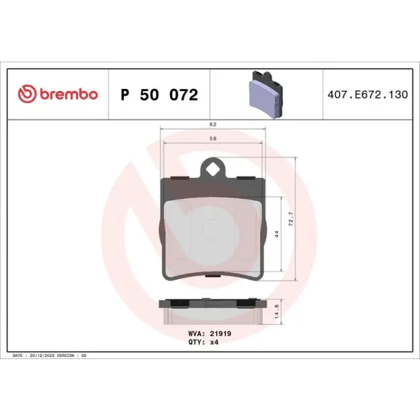 Brembo Arka Fren Balatası – P50072 / OEM A0034202720