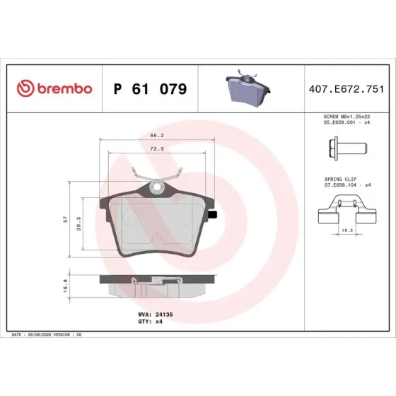 Brembo Arka Fren Balatası – P61079 ürün görseli