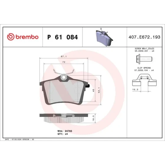 Brembo Arka Fren Balatası – P61084 ürün görseli