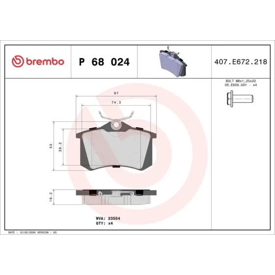 Brembo Arka Fren Balatası – P68024 ürün görseli