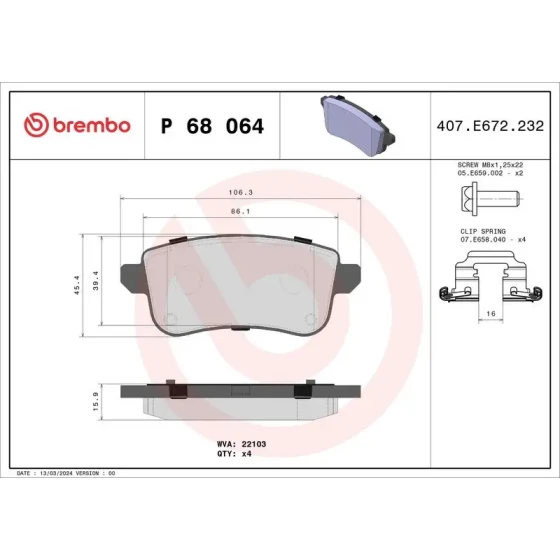 Brembo Arka Fren Balatası – P68064 ürün görseli