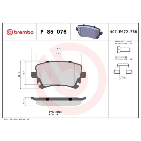 Brembo Arka Fren Balatası – P85076 ürün görseli