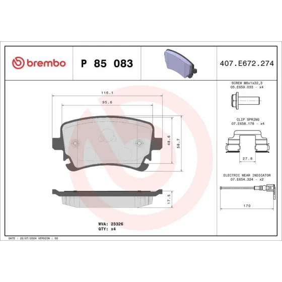 Brembo Arka Fren Balatası – P85083 ürün görseli