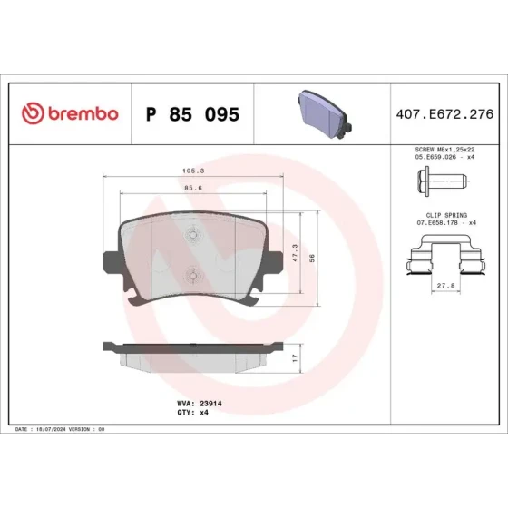 Brembo Arka Fren Balatası – P85095X ürün görseli