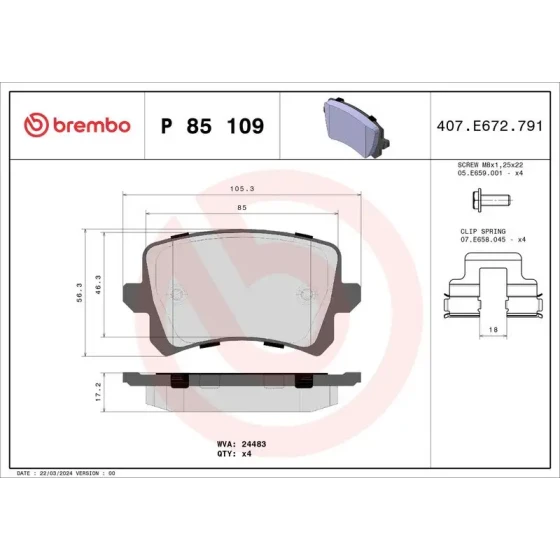 Brembo Arka Fren Balatası – P85109 ürün görseli