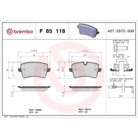 Brembo Arka Fren Balatası – P85118 ürün görseli