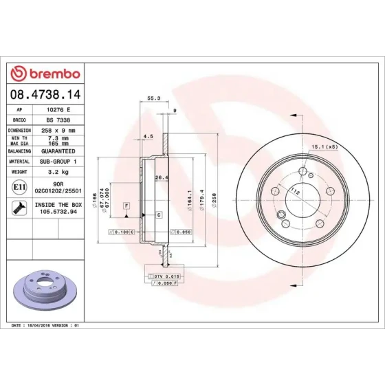 Brembo Arka Fren Diski – 08.4738.14 / OEM A2014231112 ürün görseli