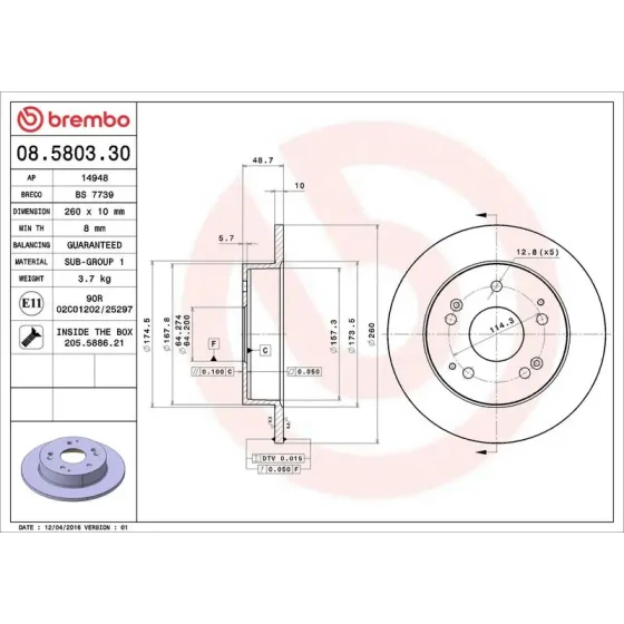 Brembo Arka Fren Diski – 08.5803.30 / OEM 42510S5TE00 ürün görseli