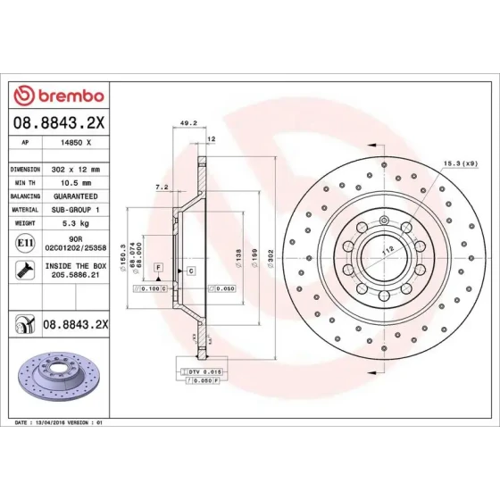 Brembo Arka Fren Diski – 08.8843.2X / OEM 4F0615601E ürün görseli