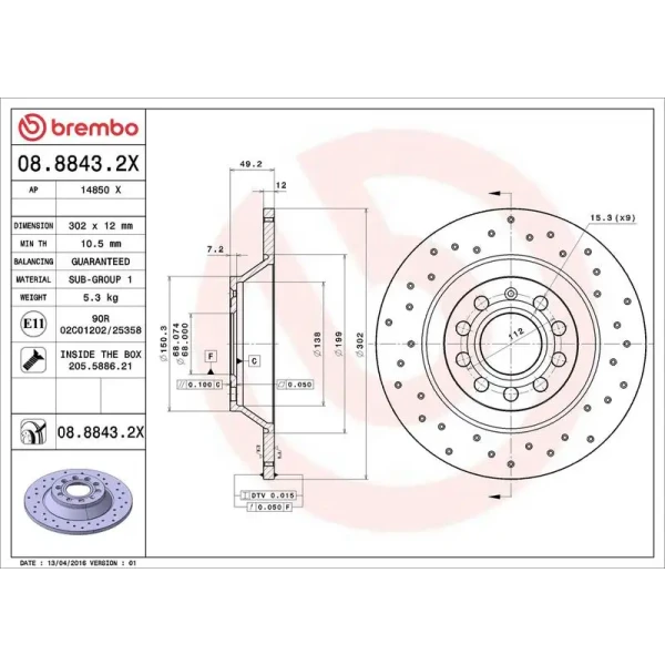Brembo Arka Fren Diski – 08.8843.2X / OEM 4F0615601E