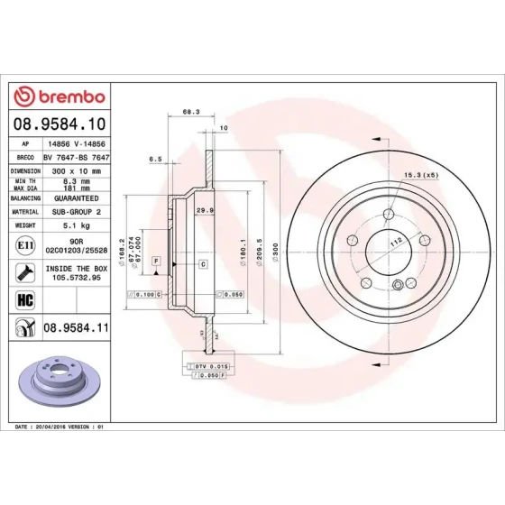 Brembo Arka Fren Diski – 08.9584.11 / OEM A2114230712 ürün görseli