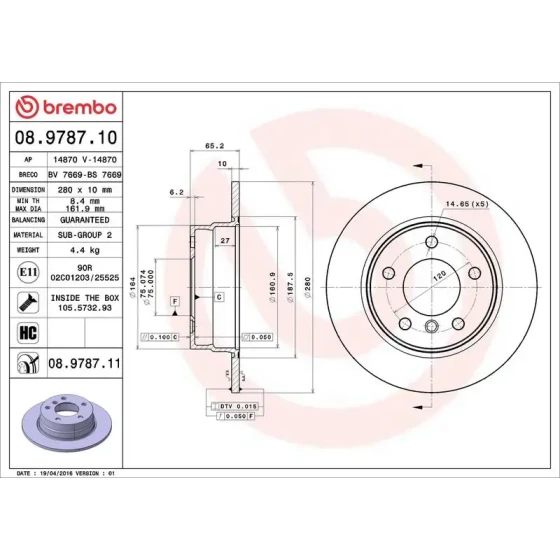 Brembo Arka Fren Diski – 08.9787.11 / OEM 34216855001 ürün görseli