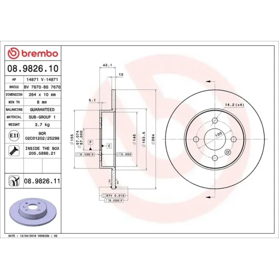 Brembo Arka Fren Diski – 08.9826.10 / OEM 93176548 ürün görseli