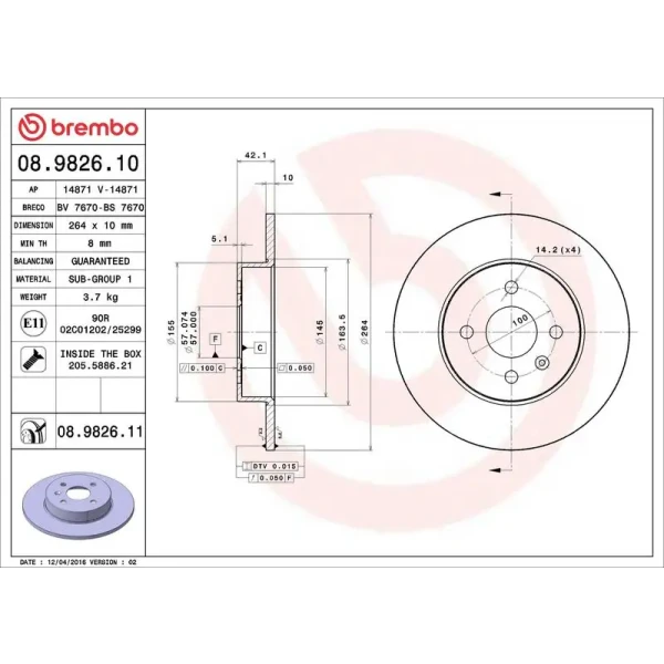 Brembo Arka Fren Diski – 08.9826.10 / OEM 93176548
