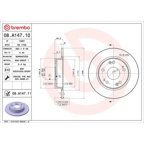 Brembo Arka Fren Diski – 08.A147.10 ürün görseli