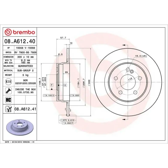 Brembo Arka Fren Diski – 08.A612.41 / OEM A2044230912 ürün görseli