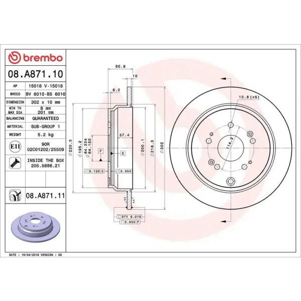 Brembo Arka Fren Diski – 08.A871.11 / OEM 42510T1GG00