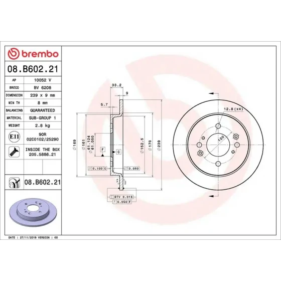Brembo Arka Fren Diski – 08.B602.21 / OEM 42510T5B951 ürün görseli