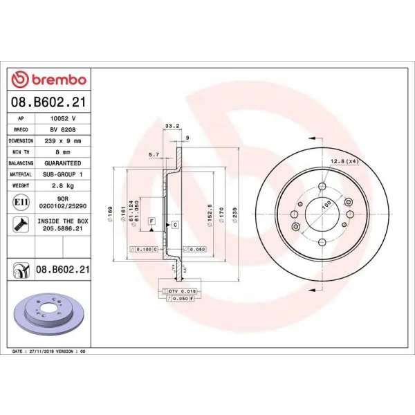 Brembo Arka Fren Diski – 08.B602.21 / OEM 42510T5B951