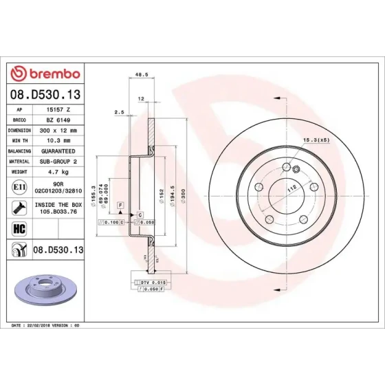 Brembo Arka Fren Diski – 08.D530.13 / OEM A0004230512 ürün görseli