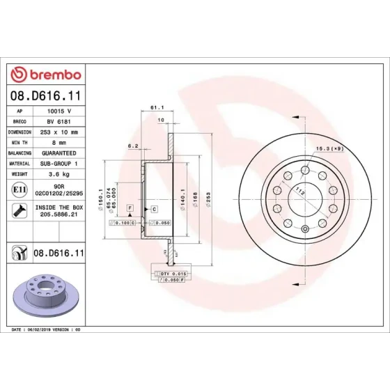 Brembo Arka Fren Diski – 08.D616.11 / OEM 5QD615601B ürün görseli