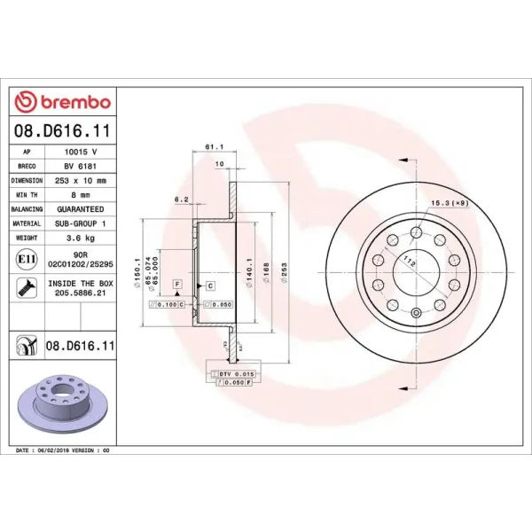 Brembo Arka Fren Diski – 08.D616.11 / OEM 5QD615601B