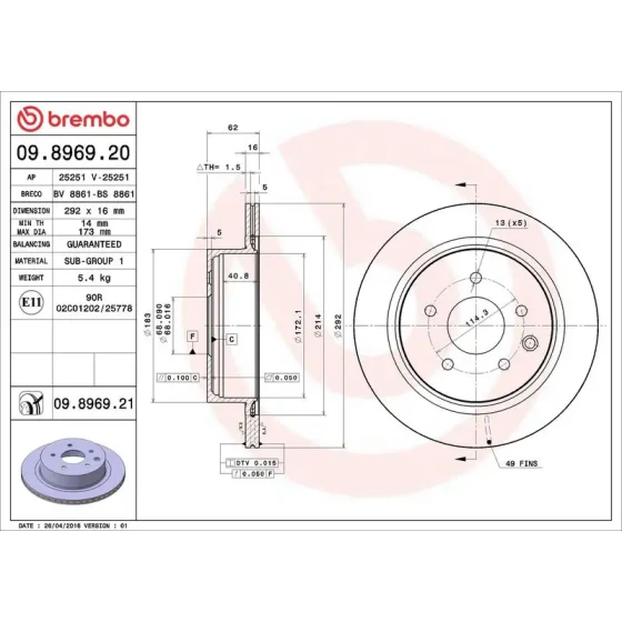 Brembo Arka Fren Diski – 09.8969.21 ürün görseli