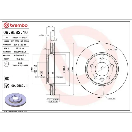 Brembo Arka Fren Diski – 09.9582.10 / OEM 7H0615601B ürün görseli