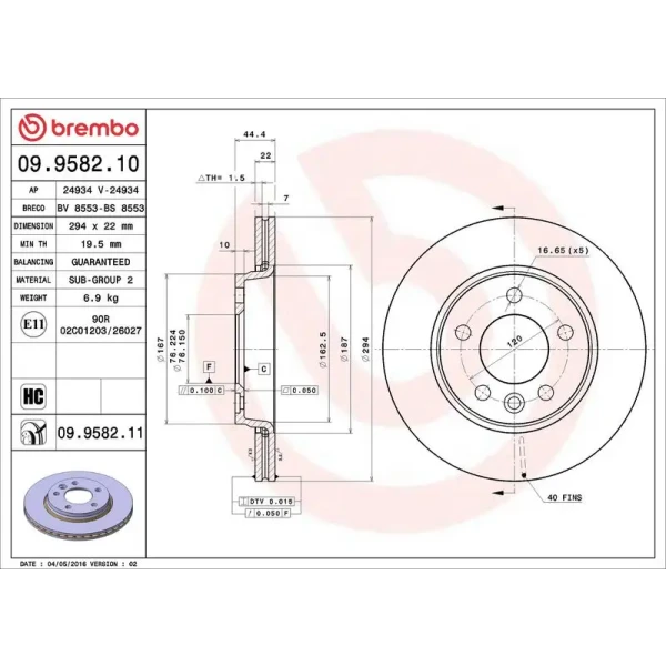 Brembo Arka Fren Diski – 09.9582.10 / OEM 7H0615601B