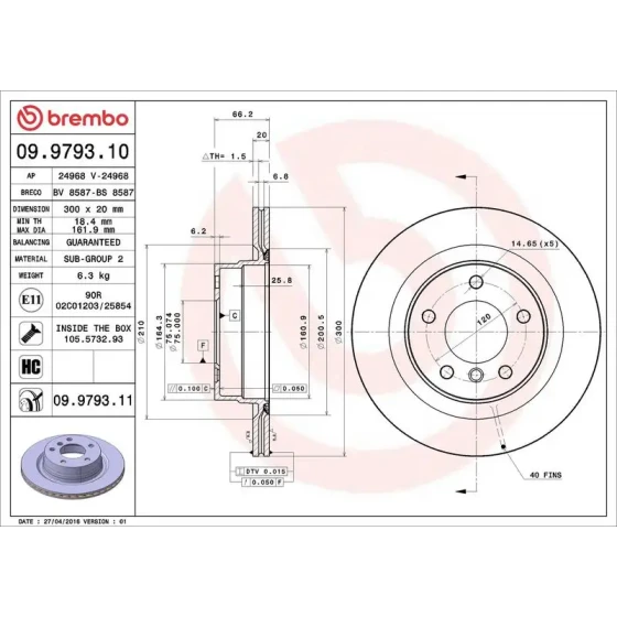 Brembo Arka Fren Diski – 09.9793.10 / OEM 34216783754 ürün görseli