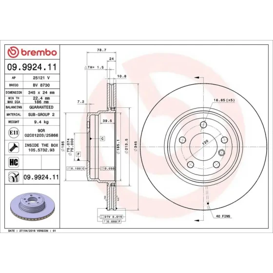 Brembo Arka Fren Diski – 09.9924.11 / OEM 34216793246 ürün görseli