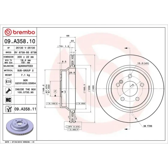 Brembo Arka Fren Diski – 09.A358.10 / OEM A0423091207 ürün görseli