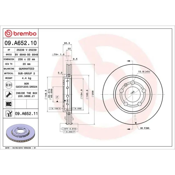 Brembo Arka Fren Diski – 09.A652.11 / OEM 8L061601 ürün görseli