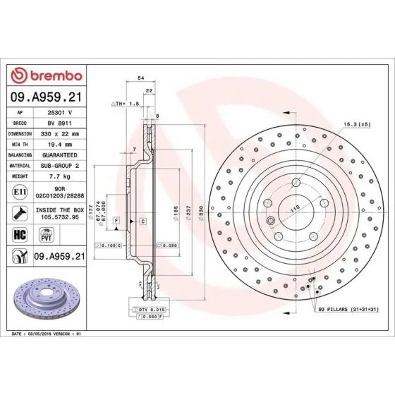 Brembo Arka Fren Diski – 09.A959.21 / OEM A1664230412 ürün görseli